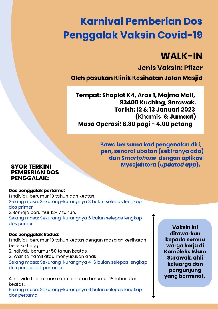 JapenSarawak's tweet photo. Program Vaksinasi COVID-19 DOS PENGGALAK

Bermula 9 Januari 2023, anda boleh datang terus (walk-in) bagi mendapatkan suntikan dos penggalak anda. 

#dapatkandospenggalak
#cegahcovid 
#JAPENSarawak https://t.co/8R6znKGbAs