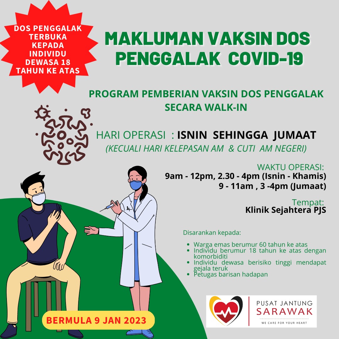 JapenSarawak's tweet photo. Program Vaksinasi COVID-19 DOS PENGGALAK

Bermula 9 Januari 2023, anda boleh datang terus (walk-in) bagi mendapatkan suntikan dos penggalak anda. 

#dapatkandospenggalak
#cegahcovid 
#JAPENSarawak https://t.co/8R6znKGbAs