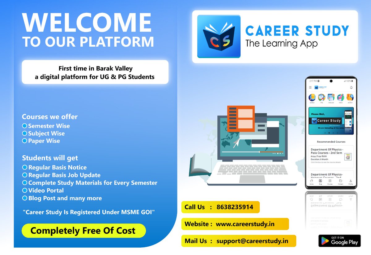 careerstudyapp's tweet photo. “Career Study – The Learning App” is an Edu-tech platform for Graduation (UG) &amp; Post-Graduation (PG) students that is those students who are pursuing UG &amp; PG from Assam University and affiliate colleges under Assam university.  – Completely Free of Cost. https://t.co/JeHa9NTV4J