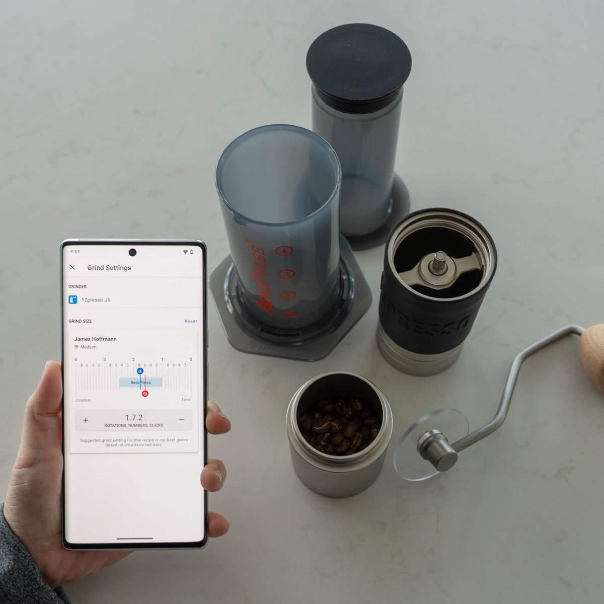 AeromaticApp's tweet photo. Grind setting suggestions are now available on Android! You can select from some of the most popular grinders (or add your own), and we’ll estimate a grind setting to use for each recipe. Update to Aeromatic v1.15 to try it out. https://t.co/osTXvmooCA