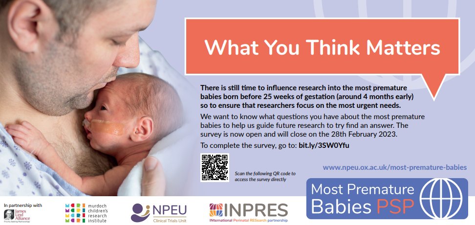MostPremBabies's tweet photo. SURVEY NOW EXTENDED
Help influence future research into the most premature of babies born before 25 weeks by telling us want you answered by research.
We especially want to hear from parents & families with lived experience.
Survey extended to 28 Feb 2023: https://t.co/ooG3p19GJ8 https://t.co/wJVmKwO6c4