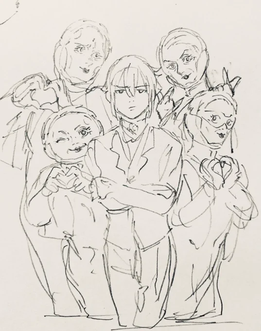 落書き。資料見ないとメインキャラ以外、マジでうろ覚えだな。4枚目描き直してえな〜。面倒くせえな〜。どんなだったっけかね〜。 