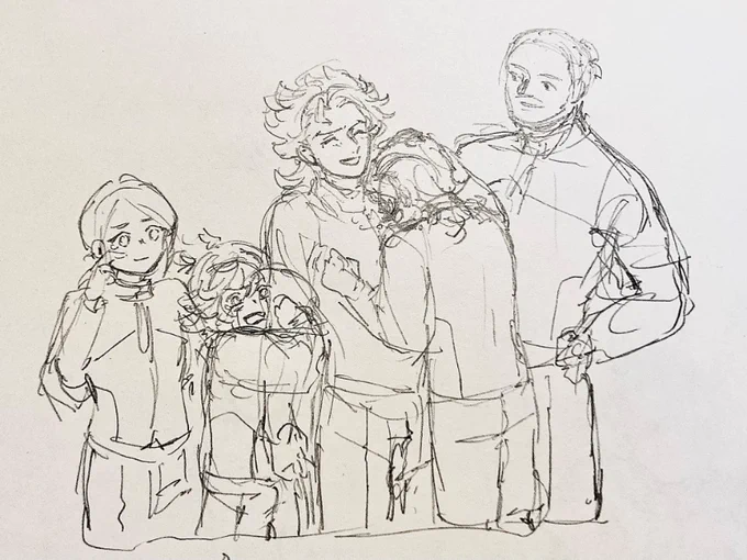 落書き。資料見ないとメインキャラ以外、マジでうろ覚えだな。4枚目描き直してえな〜。面倒くせえな〜。どんなだったっけかね〜。 