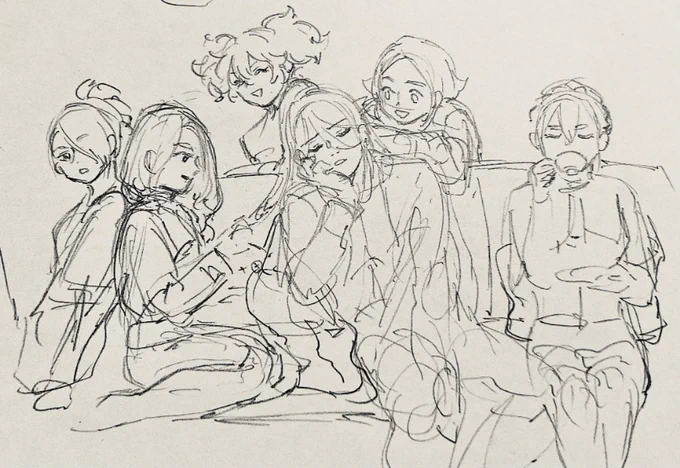 落書き。資料見ないとメインキャラ以外、マジでうろ覚えだな。4枚目描き直してえな〜。面倒くせえな〜。どんなだったっけかね〜。 
