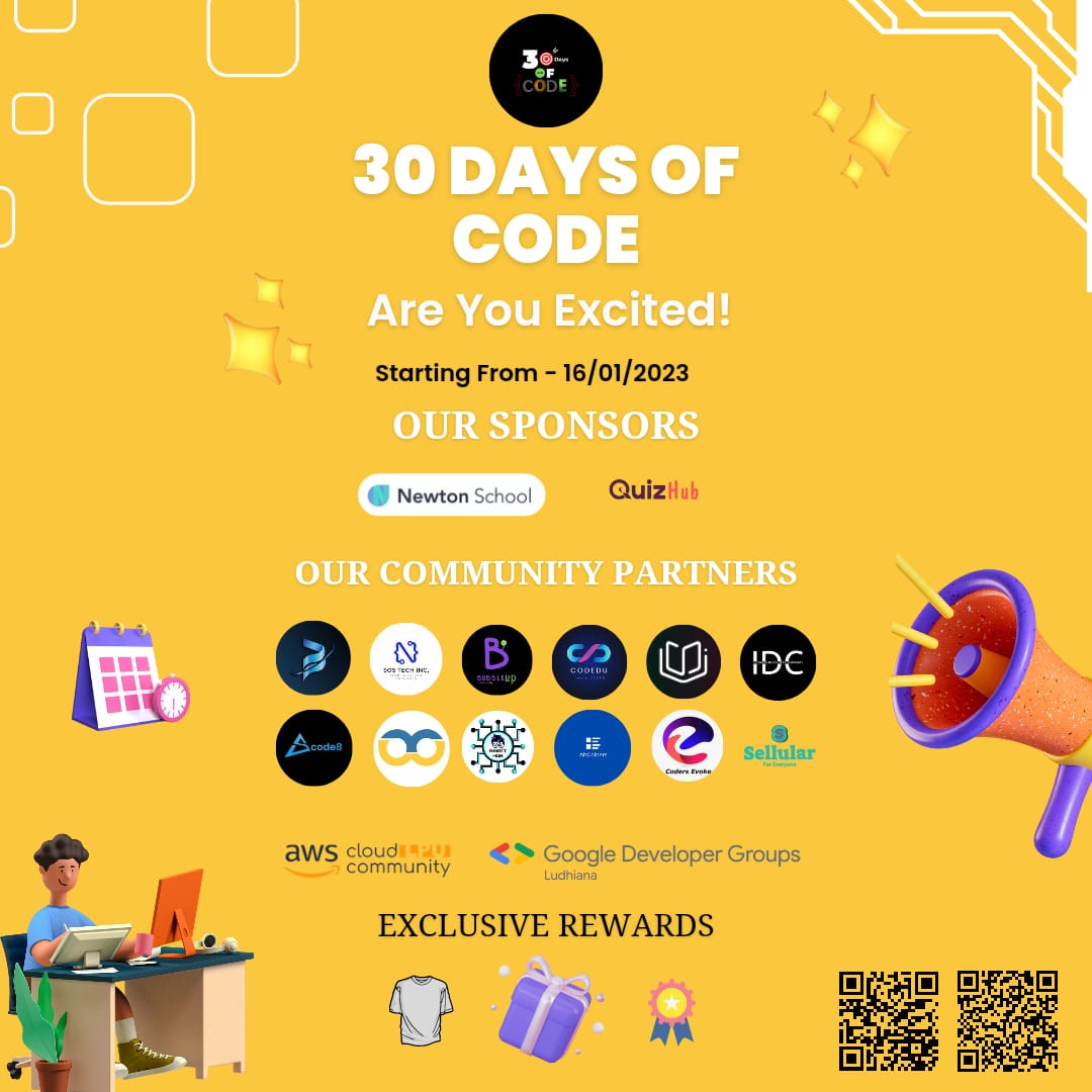 bubbleupcmty's tweet photo. Hey tech enthusiasts, 🤟

We are thrilled to announce the launch of the *30 Days of Code challenge.* With 20+ Community for  Keeping your vision up.. starting from *16 jan till 14 Feb!*

Join us in the 30 Days of Code challenge today! https://t.co/dq4hgfVRjr