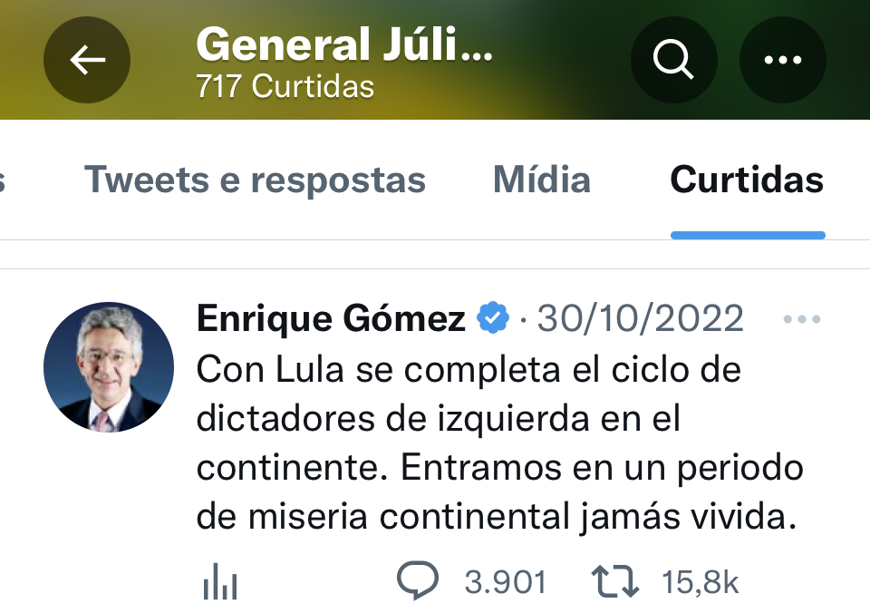 cajr1569's tweet photo. 4) Vários dos tuítes curtidos pelo general Arruda são meros ataques baixos ao presidente @LulaOficial!+ https://t.co/NWqabBB9LM