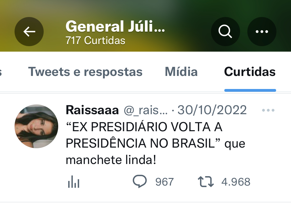 cajr1569's tweet photo. 4) Vários dos tuítes curtidos pelo general Arruda são meros ataques baixos ao presidente @LulaOficial!+ https://t.co/NWqabBB9LM