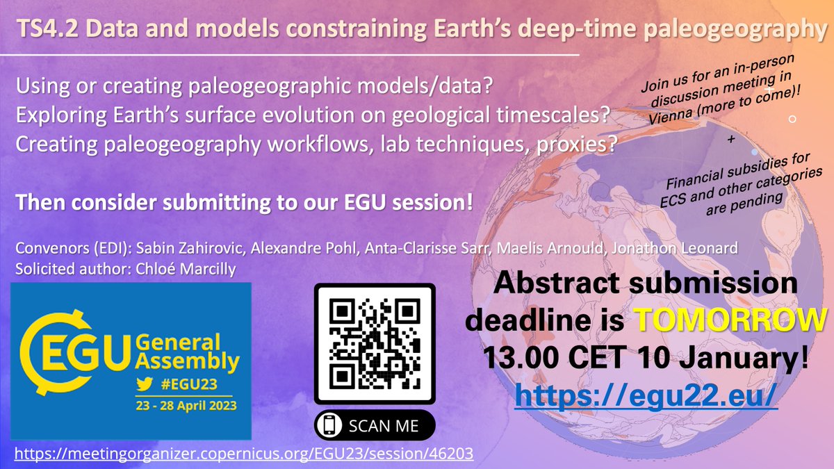 #EGU23 abstract submissions close at 13.00 CET on 10 January (*tomorrow*)! If you use or build regional or global #paleogeography models, data, workflows, etc. - join us in Vienna (or online) this year! meetingorganizer.copernicus.org/EGU23/session/…