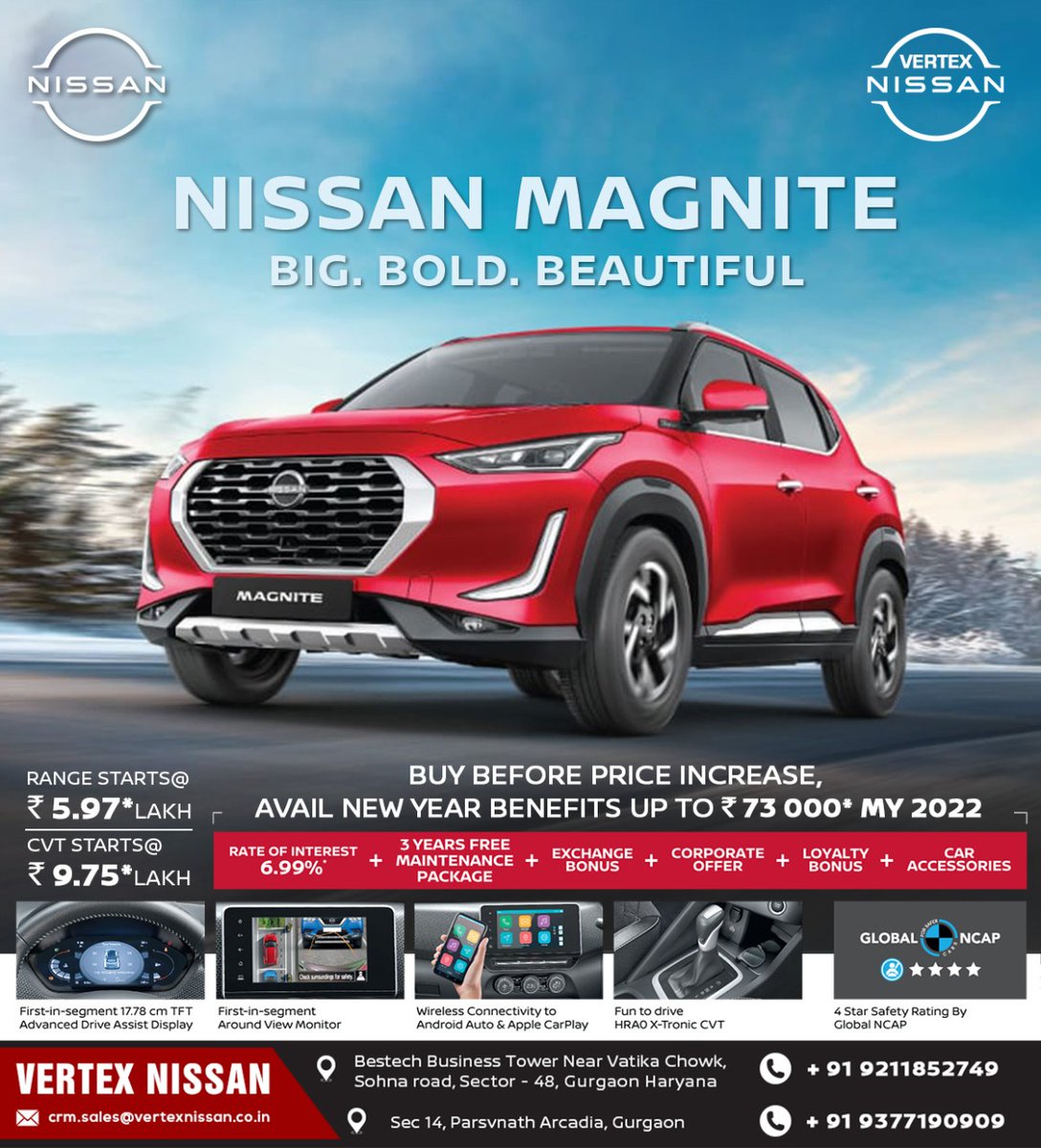 VertexNissan's tweet photo. The #NissanMagnite is stunning in every sense of the word. Experience Japanese engineering with the big, bold and beautiful SUV.
.
👉 Avail new year benefits upto ₹ 73,000*.
.
➡️ Visit here at #VertexNissanGurgaon -
For Enq / Booking, Call us at...
📞09377190909 , 📞09211852749 https://t.co/6TSI2ZWumg