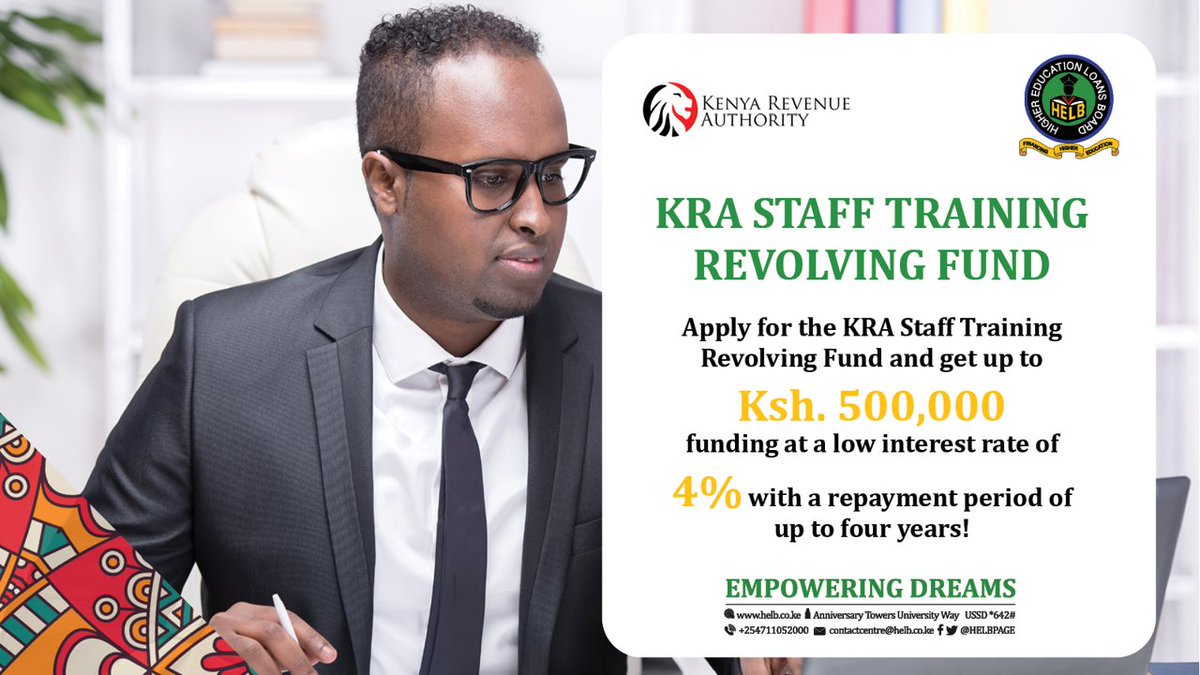 HELBpage's tweet photo. If you are a staff of KRA, you can now pursue your studies with peace of mind. The KRA Training Revolving Fund loan provides up to Ksh500,000 and, it also comes with a competitive interest rate of 4%, with a repayment period of up to four years. Apply today. https://t.co/qmdgBjYlPH