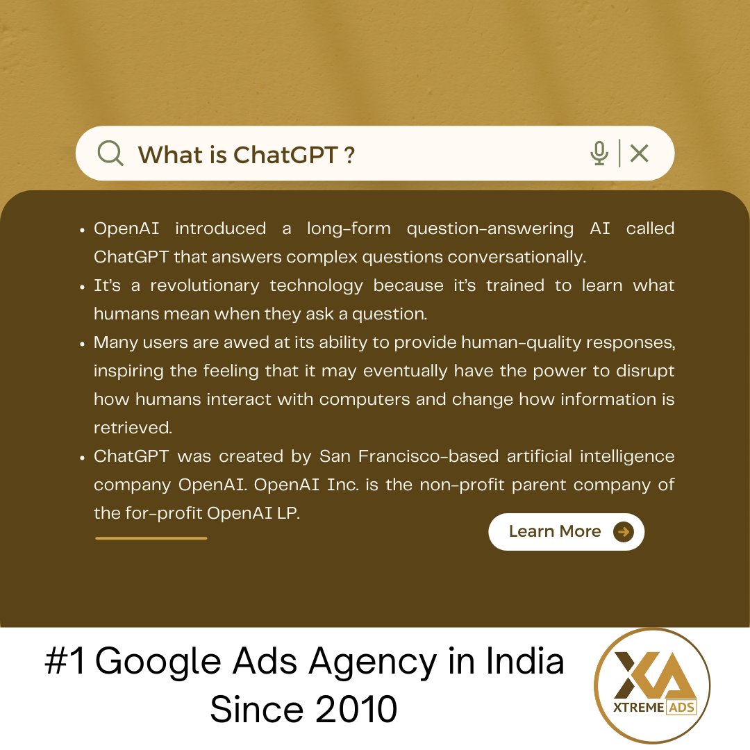 Aniruptech's tweet image. ChatGPT is a chatbot launched by OpenAI in November 2022. It is built on top of OpenAI&apos;s GPT-3.5 family of large language models, and is fine-tuned with both supervised and reinforcement learning techniques.

Learn more : xtremeads.in

#xtremeads #chatGPT #AI_tool #SEO