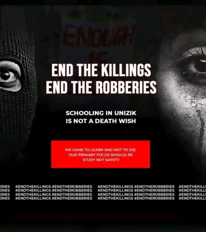 NonsoClan's tweet photo. All we are saying is ENOUGH OF THE KILLING IN UNIZIK!!!! OUR LIVES MATTER TO OUR PARENTS!  Students are living in terror!!!! We are afraid and scared of our lives!!! 
  WE CAME TO STUDY, NOT TO DIE!!!!!
GIVE ZIKITES SECURITY!!!!
#EndInsecurityInIfiteAwka 
#UnizikIsNotSafe https://t.co/U2qSuxhK2P