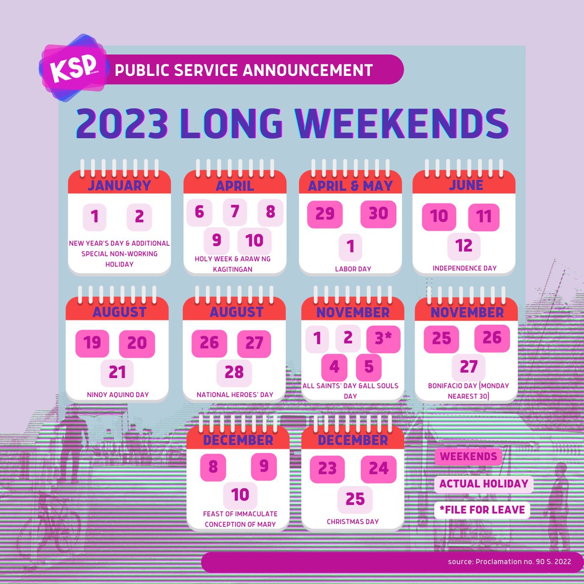 Hey Ka KSP! Here's the list of 2023 LONG WEEKENDS!
Plan your leave ahead of time, set travel goals, relax and enjoy 🌴🏖️😴🍹

#2023Holidays #2023LongWeekends #LongWeekends #VacayMode