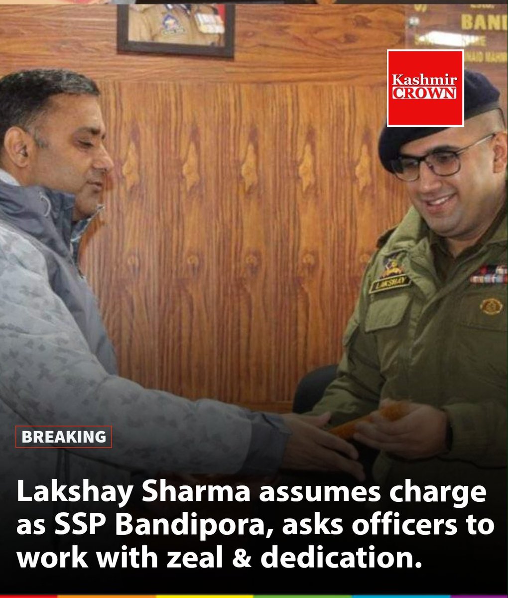 kashmircrownews's tweet image. Lakshay Sharma, a 2016 batch IPS officer on Sunday assumed the charge as Senior #Superintendent of Police district Bandipora.
#bandipora #Police