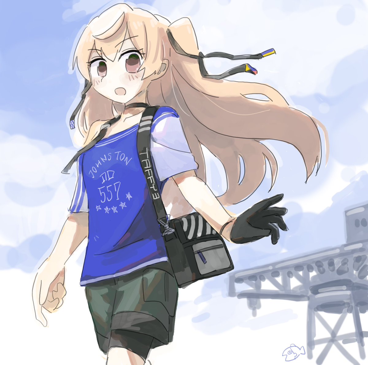 johnston (kancolle) 1girl solo long hair shirt single glove two side up blue shirt  illustration images