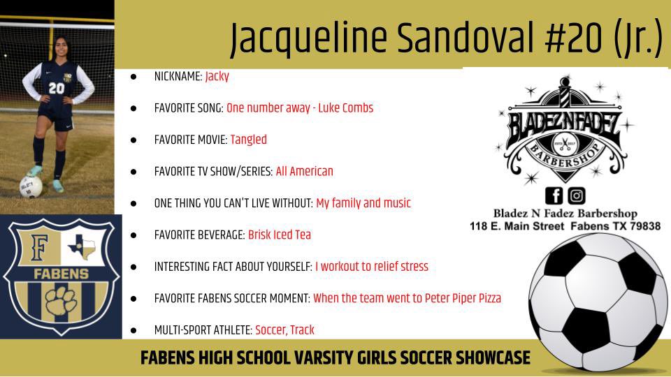 FISDgirlsSOCCER's tweet photo. ⭐️⚽️VARSITY SOCCER SHOWCASE 2023⚽️⭐️

Player Name: Jacqueline Sandoval
No. #20
Position: Midfield, Defense 
Banner Fundraiser Sponsor : Bladez N Fadez Barbershop 
C/o 2024

#year2remember https://t.co/hVveCAJMT4