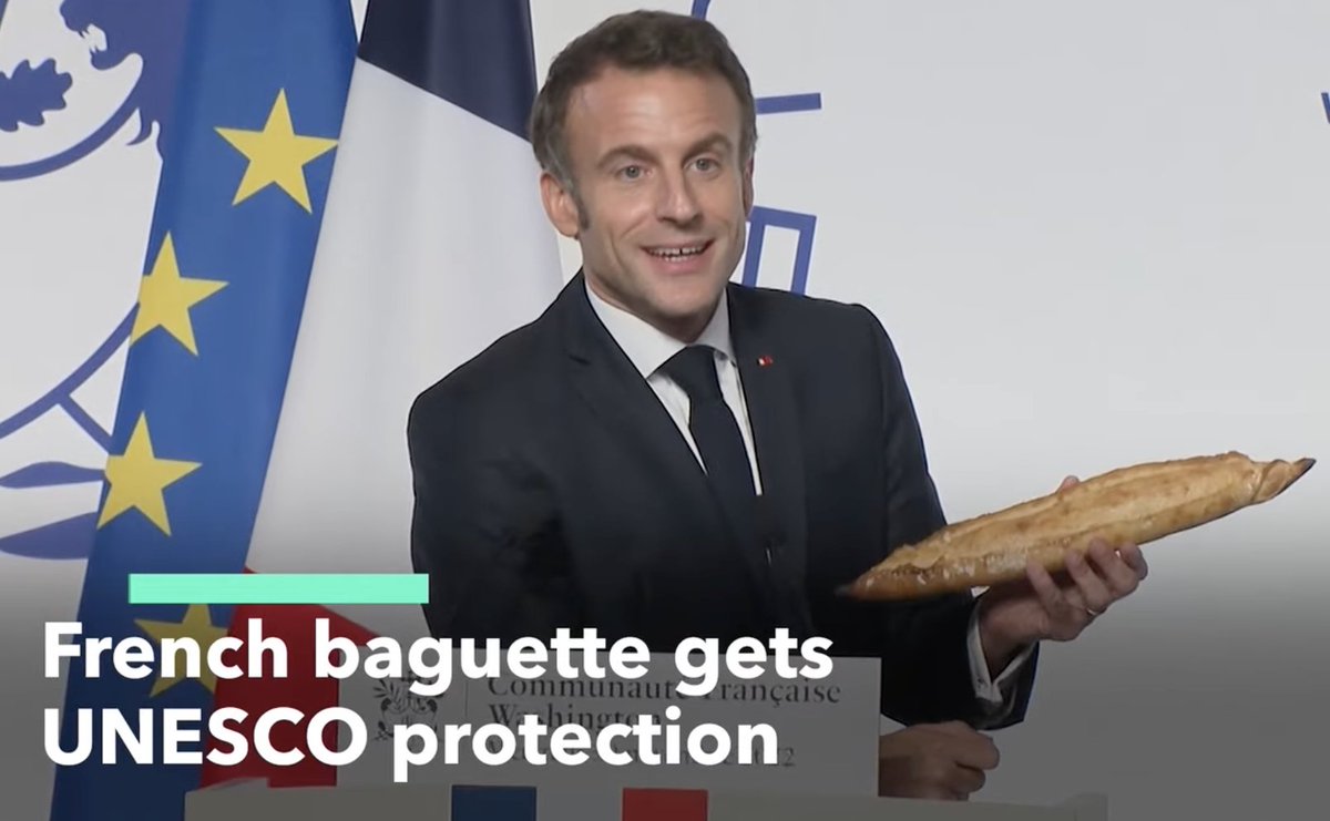 The baguette has been added to United Nations' list of intangible cultural heritage as a cherished tradition to be preserved by humanity🥖

Stéphane Grattier from Boulangerie Christophe presented the baguette to Emmanuel Macron in Washington in December✨

youtube.com/watch?v=nMmjOF…