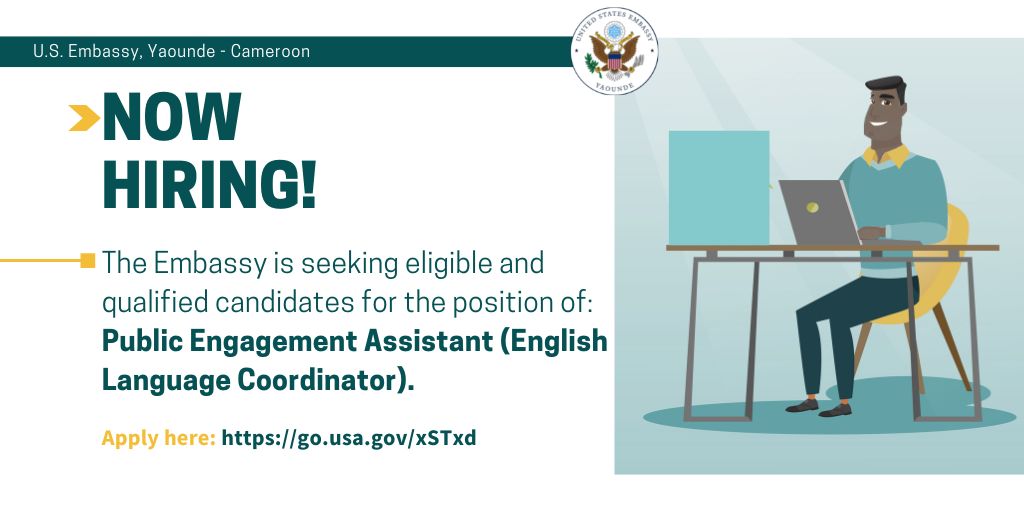 USEmbYaounde's tweet image. The Embassy is seeking eligible and qualified applicants for the position of: Public Engagement Assistant (English Language Coordinator)
Closing Date: January 23, 2023.
Apply here:  ow.ly/EMIO50MjMq8
#JobOpportunity