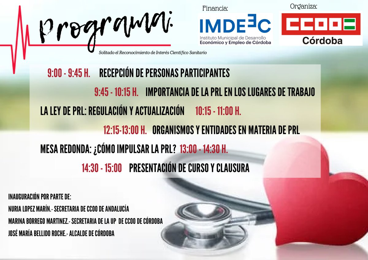 CCOOCORDOBA's tweet image. Aún estás a tiempo de apuntarte a las jornadas &quot;Prevención: Garantía de salud laboral&quot; que @CCOOCORDOBA celebra el 📅13 de enero en el Hospital Reina Sofía dentro del convenio con el @imdeec 
Para un empleo de calidad, la formación es fundamental
#elpoderestaentusmanos