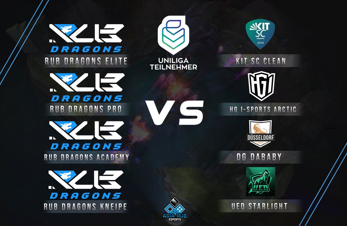 Spieltag 10.1; Best of 5, <a href="/uniligaGG/">Uniliga</a>: 
 
R/UB Dragons Elite vs <a href="/kitscesports/">KIT SC eSports</a>  
R/UB Dragons Pro vs <a href="/hg_ingolstadt/">Hochschulgaming Ingolstadt e.V.</a> 
R/UB Dragons Academy vs <a href="/ddorf_gaming/">Düsseldorf Gaming</a>   
R/UB Dragons Kneipe vs <a href="/UEDortmund/">Uni eSports Dortmund</a>  

Start: 10.1, 19:00 Uhr

#GoDragons #uniliga #LOL