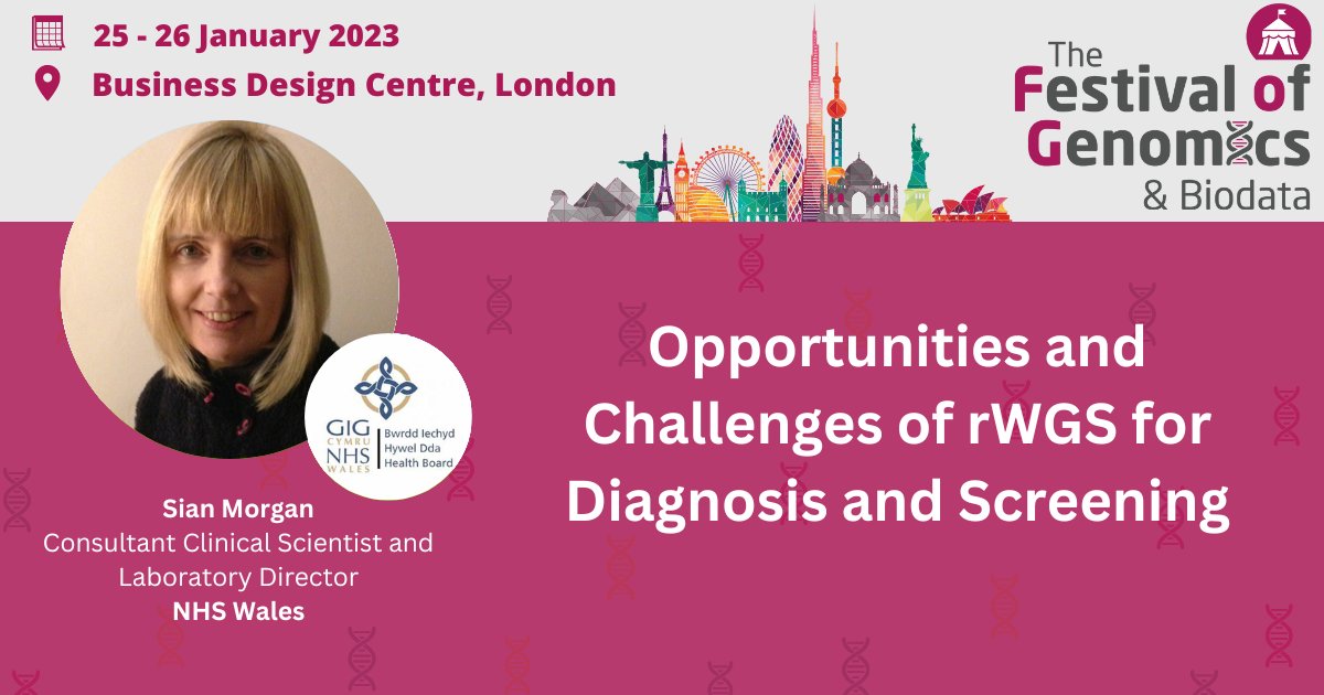 The Festival of Genomics & Biodata (@fogenomics) on Twitter photo Get this one in your diaries!🗓️
Sian Morgan (Consultant Clinical Scientist <a href="/MedGenWales/">The All Wales Medical Genomics Service</a>) will be joining us to discuss the challenges and opportunities of rWGS for #diagnosis and screening.
📅Thursday 26th Jan
⏰2:40pm
More info: hubs.la/Q01xh92S0 Get this one in your diaries!🗓️
Sian Morgan (Consultant Clinical Scientist <a href="/MedGenWales/">The All Wales Medical Genomics Service</a>) will be joining us to discuss the challenges and opportunities of rWGS for #diagnosis and screening.
📅Thursday 26th Jan
⏰2:40pm
More info: hubs.la/Q01xh92S0