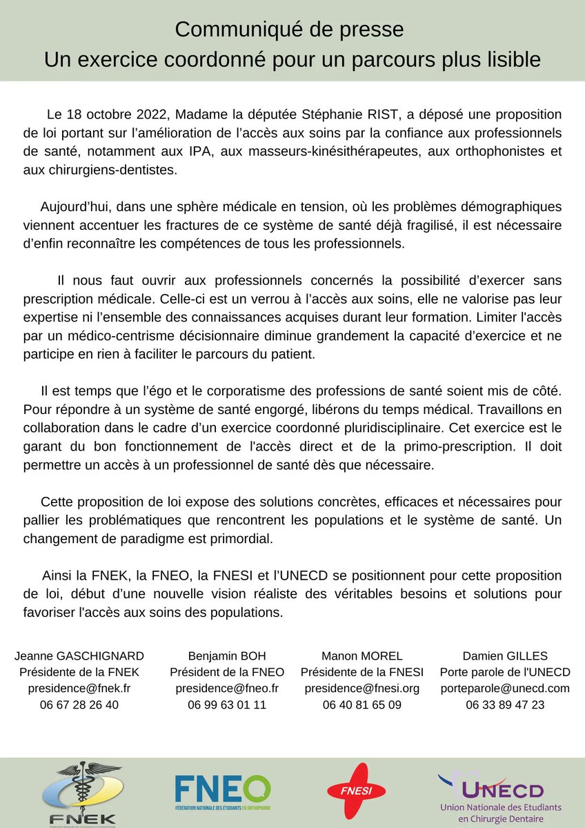 #CDP | 
Face aux tensions du système de #santé, gardons le patient au coeur du parcours de soins 

Les fédés étudiantes rappelent la nécessité de la PPL de <a href="/stephanie_rist/">Stéphanie RIST</a>

Le corporatisme doit cesser ❌ Travaillons en exercice coordonné et en #pluridisciplinarité

#Accesdirect