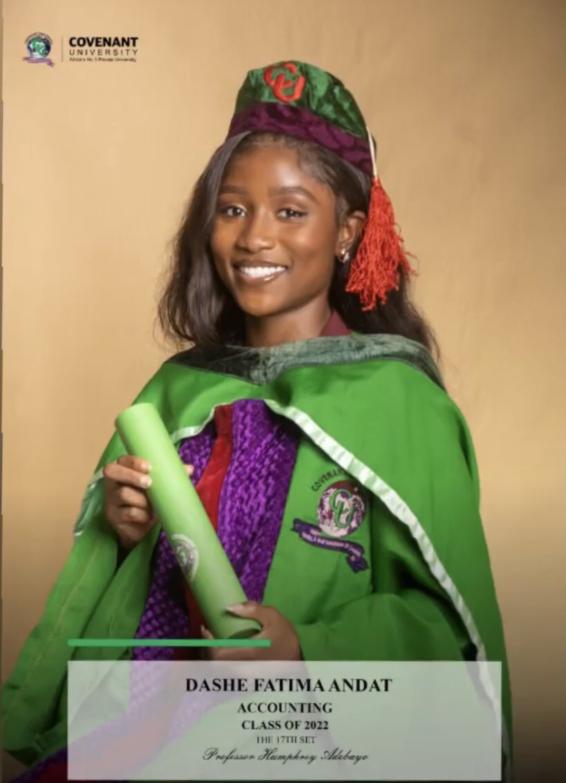 SplufikNG's tweet photo. Dashe Fatima, a Plateau State native, has emerged as the 2022 Overall Best Graduating Student of Covenant University with a perfect CGPA of 5.0.

She graduated with a BSc in Accounting while bagging A's in all courses throughout her stay in the University. https://t.co/8RuaDATnBe