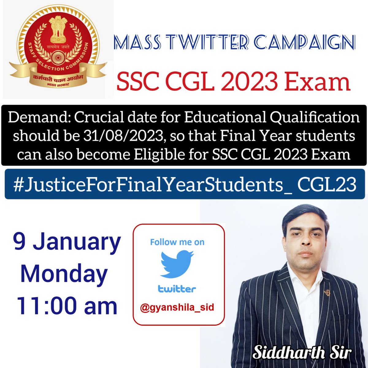 #JusticeForFinalYearStudents_CGL23 

Request : Crucial date for educational qualification of SSC CGL 2023 should be 30 September 2023 As it was happened in 2017 and 2018. So that Final Year Aspirants can also appear in Exam.

<a href="/dopt/">lata</a> <a href="/PMOIndia/">PMO India</a>