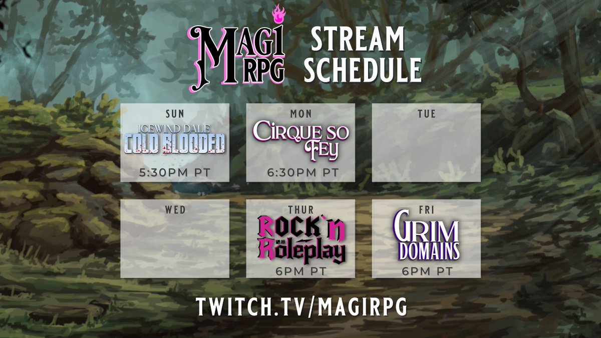 Welcome to MagiRPG! Join us for weekly D&amp;D. We're sure to have a story that suits your taste.

❄️Like survival? Check out Icewind Dale
🏰Like whimsical? Check out Cirque so Fey
🎸Like music? Check out Rock n' Roleplay
🌙Like horror? Check out Grim Domains

twitch.tv/magirpg