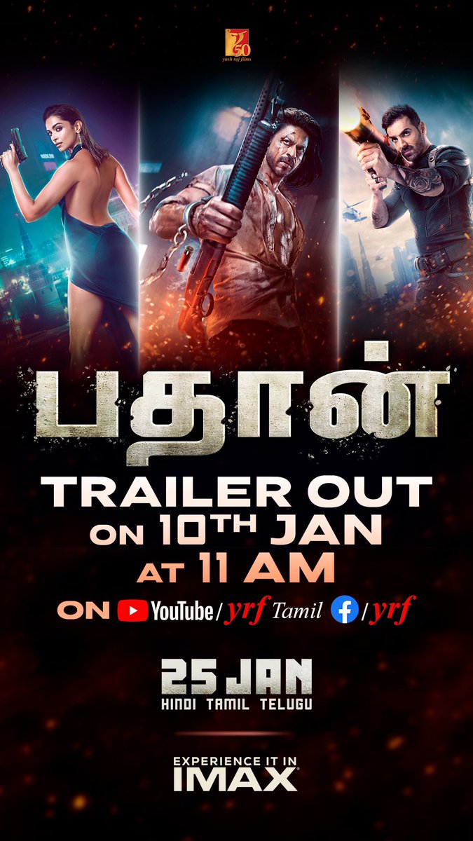 TheJohnAbraham's tweet photo. Get set for an action spectacle like never seen before. #PathaanTrailer out TOMORROW at 11 AM!

Hindi: https://t.co/WwMaC7l0yY

Telugu: https://t.co/ctIax5n2tP

Tamil: https://t.co/YzYLCIRuc2 https://t.co/j7bKGA3k1u
