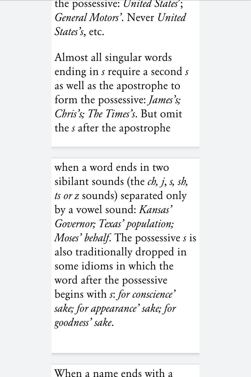 @nytimes Two-sibilant-rule violation.  Under your style guide, the possessive of Duchess is Duchess', because it ends with two consecutive sibilants separated only by a vowel sound. @LizEgan @jbarbassa