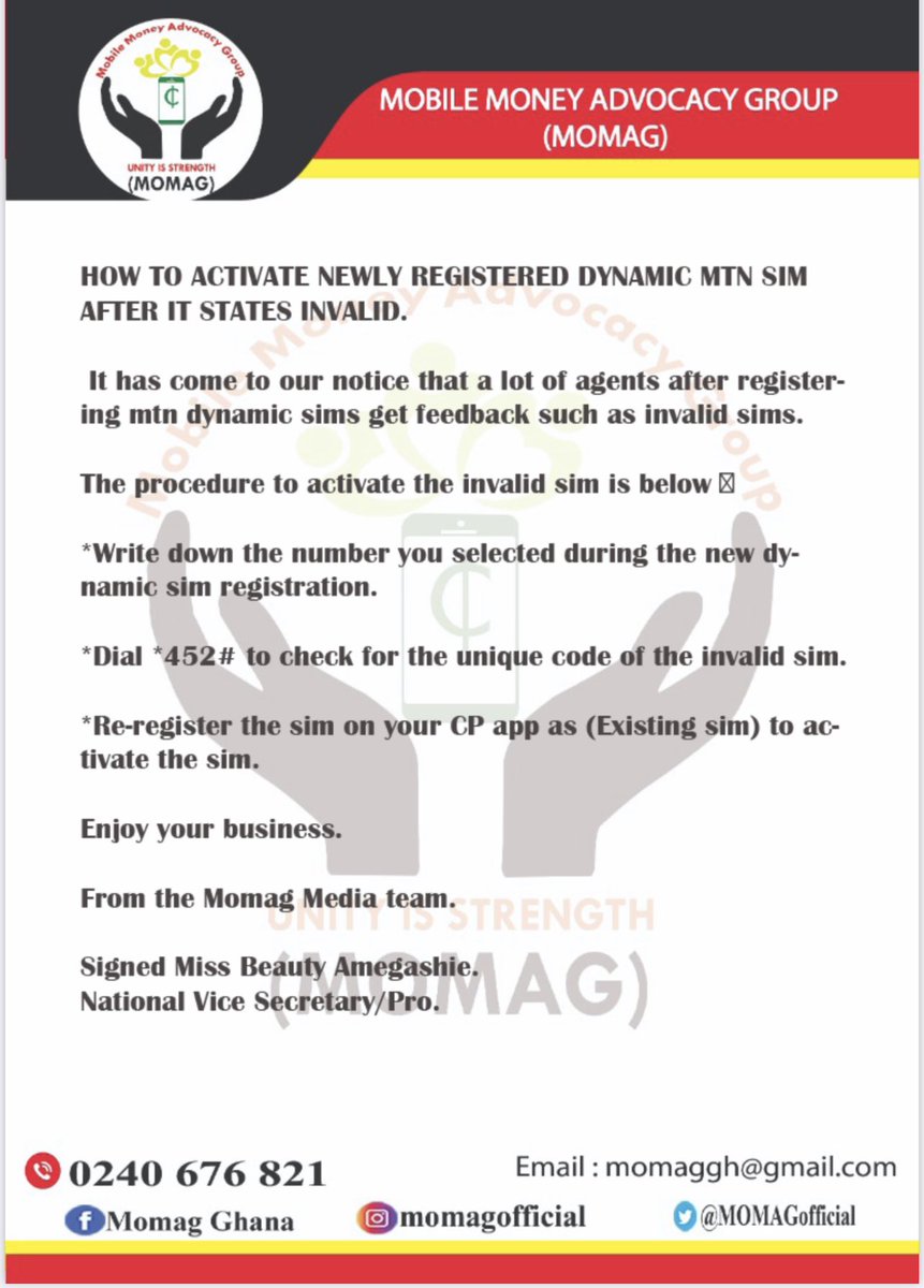 MOMAGofficial's tweet photo. NO MORE DYNAMIC SIM WAHALA!!

Mtn GH will be happy to hear such information from the number one Mobile Money Advocacy Group Ghana - MOMAG.

#MTNGhana 
#momagofficial 
#https://momag.org/ https://t.co/mkhD7CWsLj