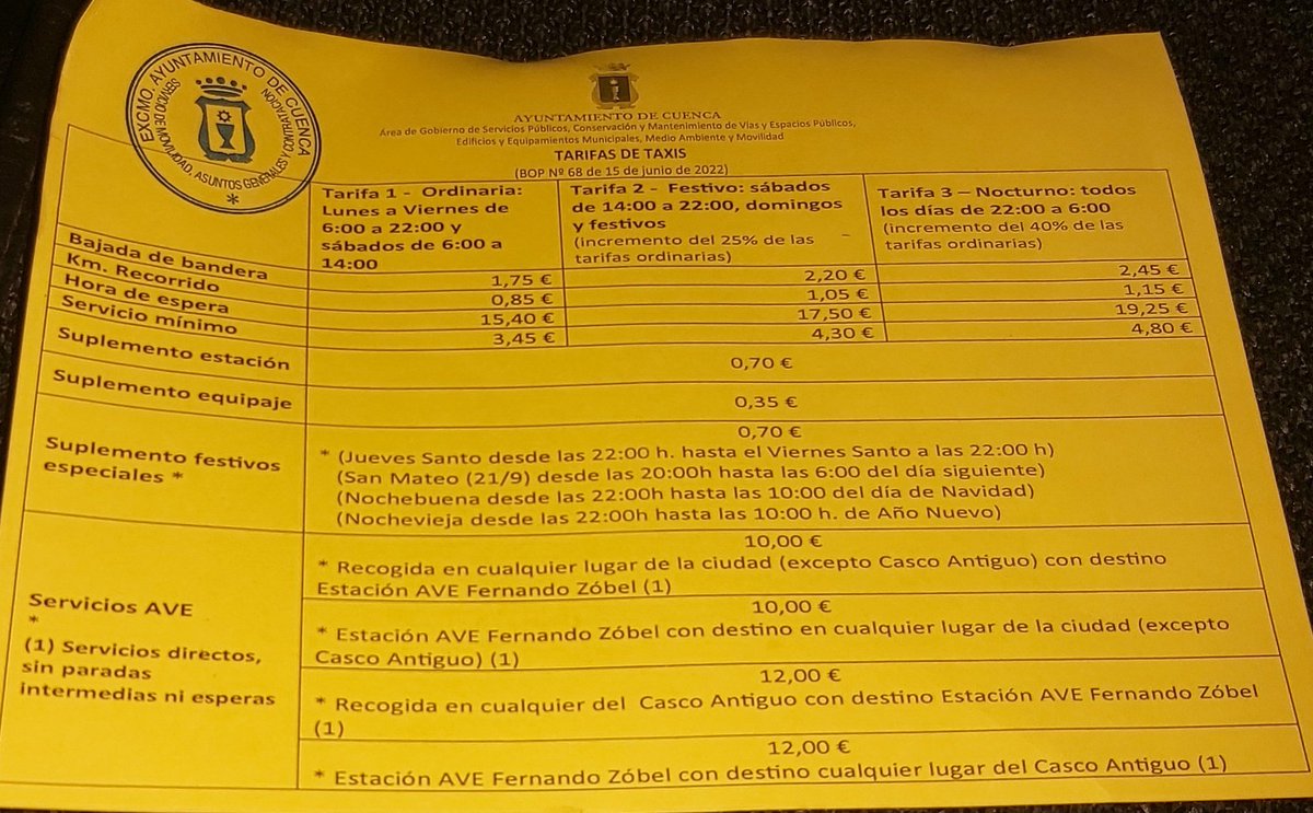 RadiotaxiCuenca's tweet photo. @JuancaViana Buenos días, le indicamos las tarifas en vigor y le aclaramos que la tarifa a la estación del Ave Fernando Zobel es precio fijo de 10/12 € esperamos haber resuelto su duda un saludo. https://t.co/JrgECszA4B