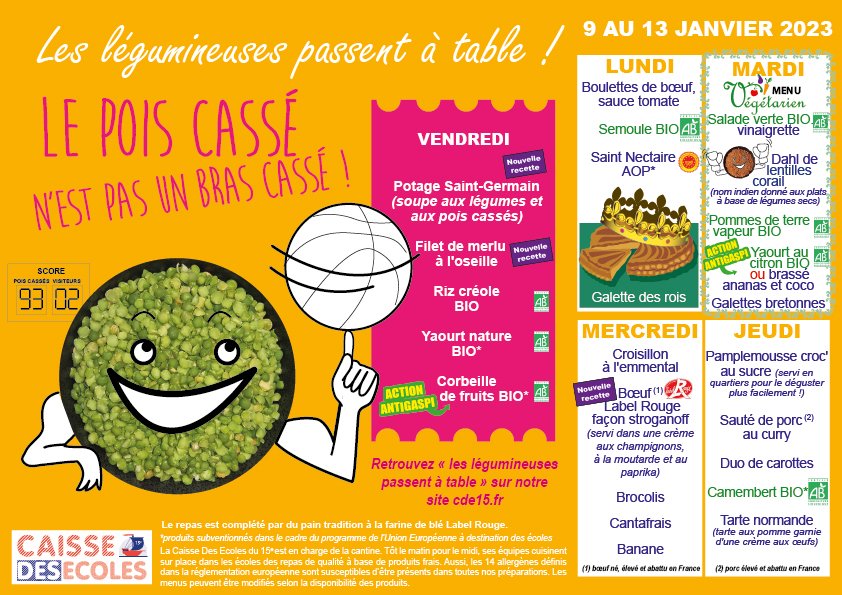 cde15_75015's tweet photo. Les menus du 9 au 13 janvier 2023. On commence la semaine avec la traditionnelle Galette des rois 🤩🫓 #cantine #cde15 #paris15 https://t.co/OEI4xXQfEh