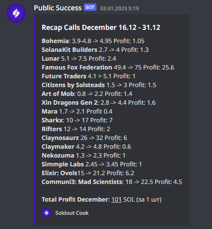 Soldoutcook's tweet photo. Last month we made over 40 successful calls.
Total profit from 101 SOL+.
We publish detailed call records in our discord.
Join: https://t.co/VYigWw2RpY
#SolanaNFT #SolNFTs #Solana #nftcalls #NFTCommunity #DAO https://t.co/xcLGmjPhIb