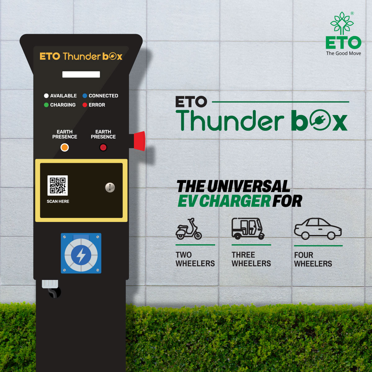 ETO Thunderbox – a universal #ACcharger that is compatible with all #electricvehicles. With easy app based control, track your #charging status remotely, find #chargingpoints and ensure the vehicle is secure while charging. Make #thegoodmove and charge up with Thunderbox, today!