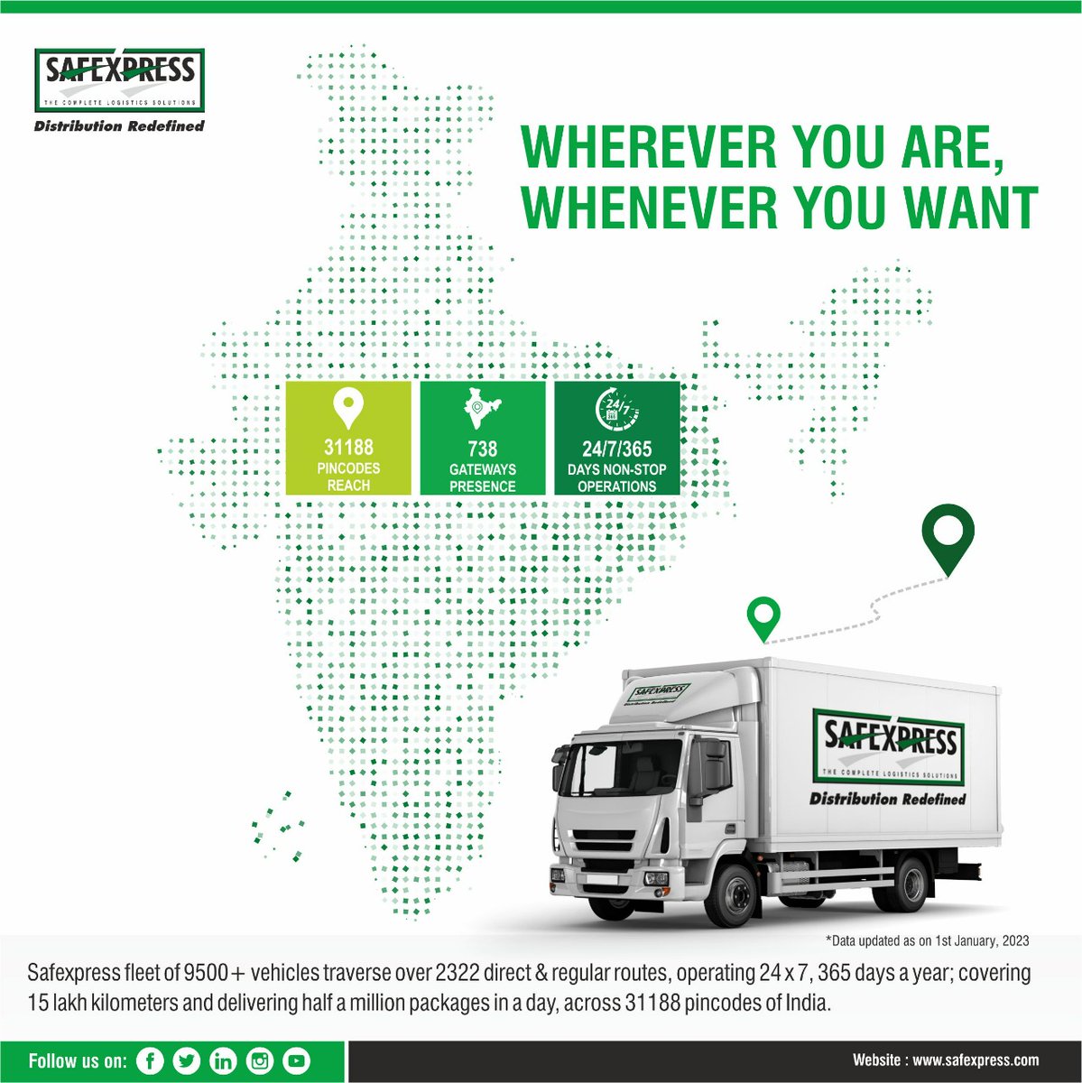 #WhereverYouAreWheneverYouWant

Our commitment towards our customers is as big as our network! 

#Safexpress #reach #network #expressdelivery