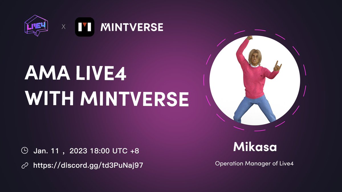 Live4Official's tweet photo. #Live4 AMA with @Mintverse_
Live4 is the first web3 social activities visualisation protocol
⏰ Jan.11 ,2023 18:00 UTC +8
📍 https://t.co/hqtEJFgIxZ
🎁 10 participants will receive equivalent value of 20u tokens @Live4Official https://t.co/5k8edQ3jKK