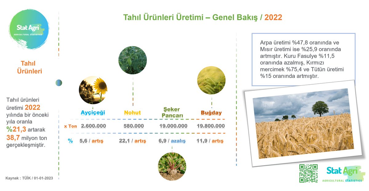 Tahıllar üretim istatistikleri - 2022

% 21,3 oranında artarak 38,7 milyon ton gerçekleşmiştir 

Değişim Oranları 🌾

Ayçiçeği %5,6
Nohut %22,1
Buğday %11,9
Arpa %47,8
Mısır %25,9 Artış gösterirken 

Şeker pancarı %6,9 oranında Azalmıştır 

#tarım #gıda #tahıl #üretim