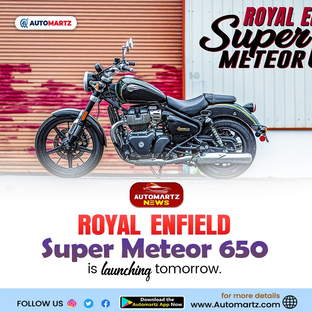 AutoMartz's tweet photo. Tomorrow, Royal Enfield will #unveil the all-new #Super #Meteor 650, which will be priced at Rs 3.35 lakh.
.
#Automartz #bullet #bulletlovers #Reliance #Salaar #Cryptos #realme10 #PathaanTrailer #delhiwinters #stockmarkets #ShivThakare #Vaarasudu https://t.co/lvO3clm8oy