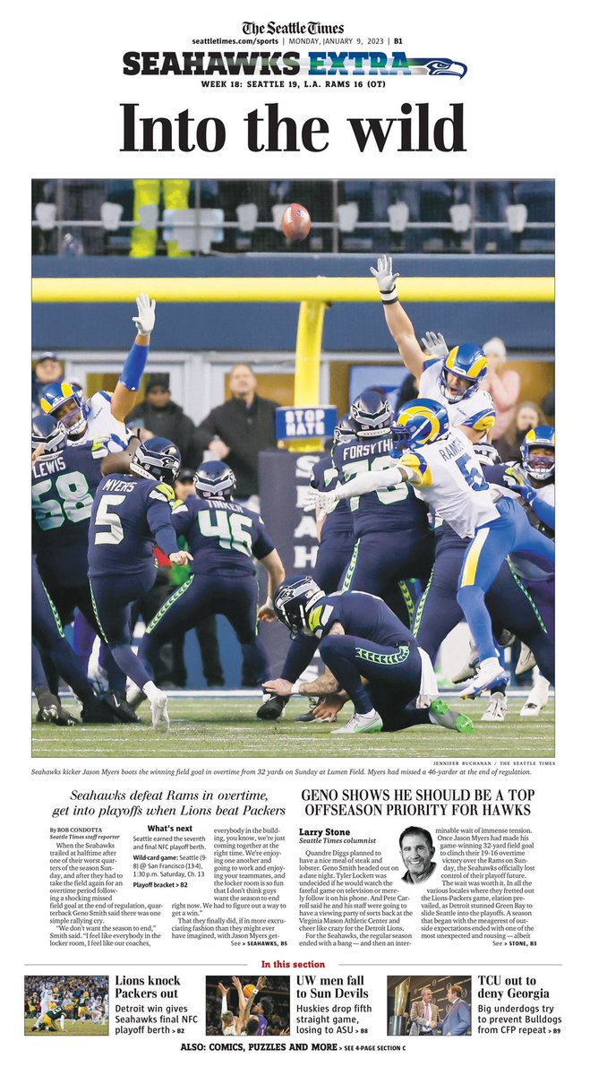 richboudet's tweet photo. “Into the wild” / Seahawks earn the NFC’s last playoff ticket with an overtime win and a Detroit gift. Here’s Monday’s Seattle Times Seahawks Extra cover. 📷 by Jenny Buchanan and stories by @bcondotta @StoneLarry @A_Jude @SeaTimesSports 🗞 https://t.co/AziKqyaljO