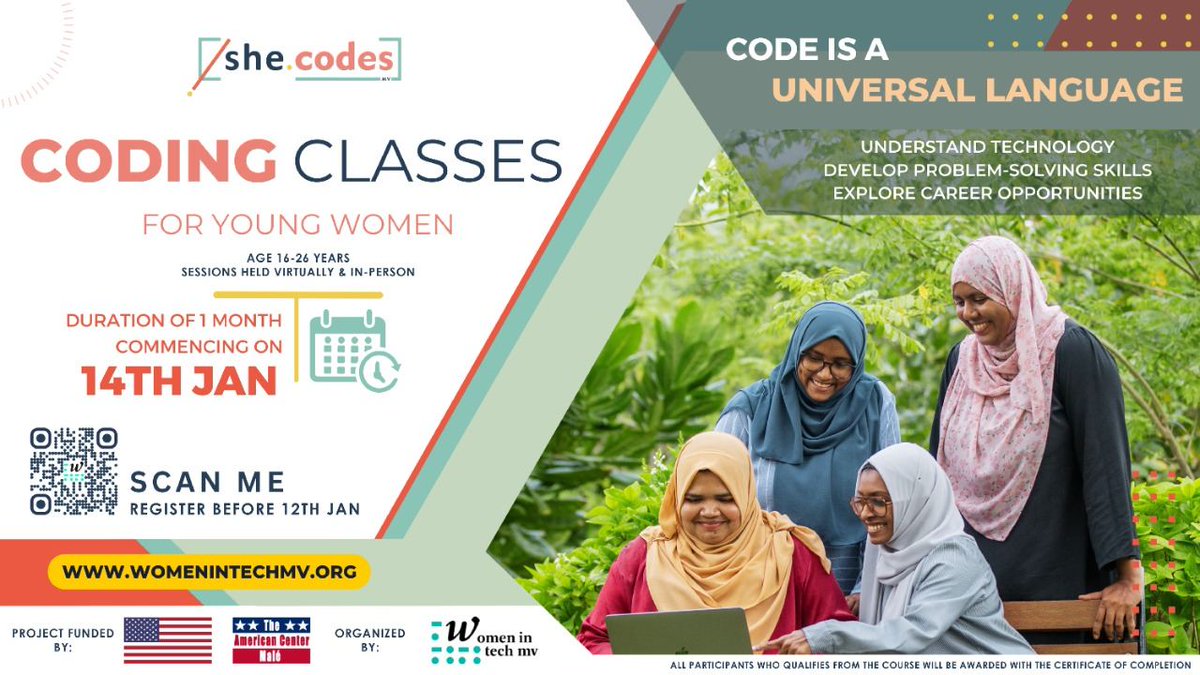 womenintechmv's tweet image. Second batch of #SheCodesMV is starting on 14th January. Open to young women 16 - 26 years of age, come learn about Python, JavaScript and many more over the course of 1 month!

Register here: womenintechmv.org

@ACMaldives @USinMaldives