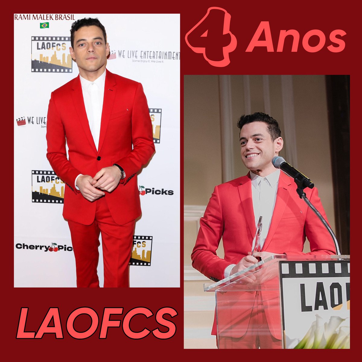 RamiMalek_br's tweet photo. Nós já dissemos que amamos Rami vestido de vermelho? 4 anos do LAOFCS! 🥰❤️🥰 #RamiMalek #Laofcs https://t.co/cWhDbgZNwX