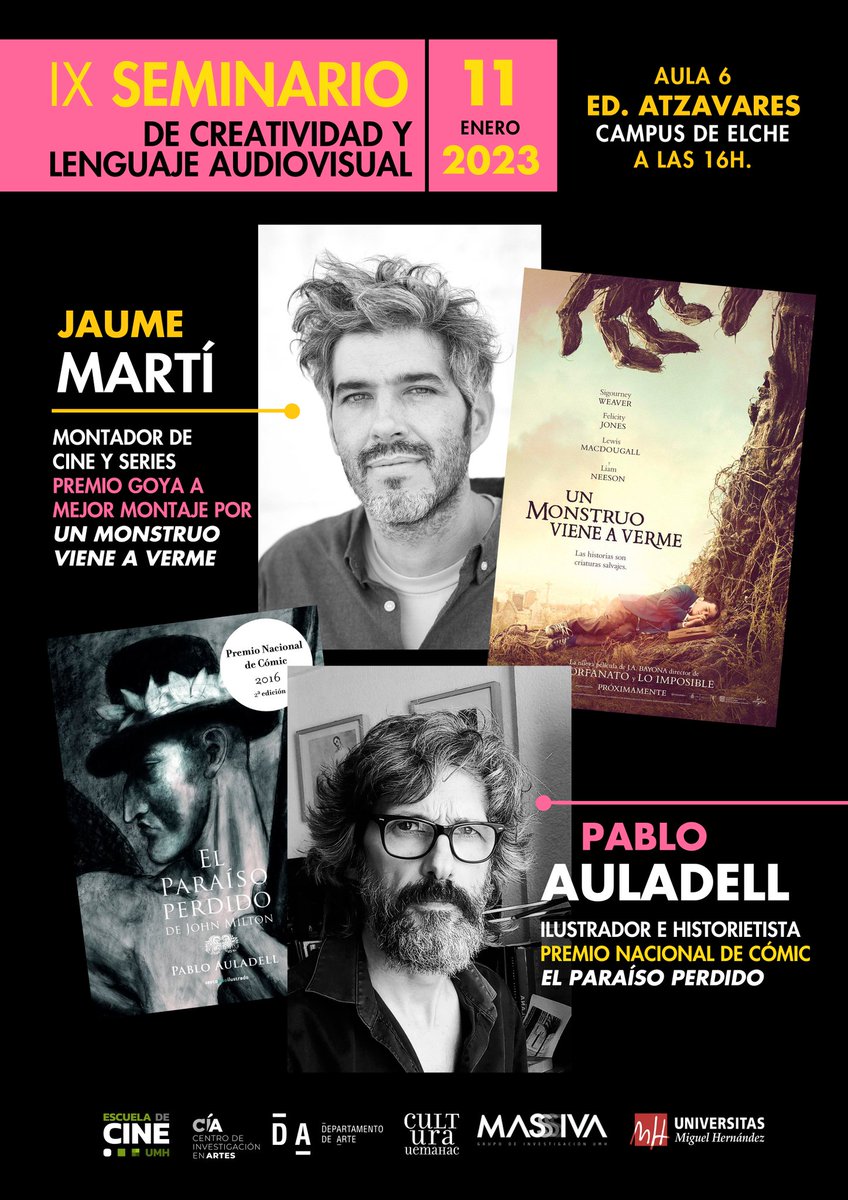 GLopez_es's tweet photo. IX Seminario en #Creatividad y Lenguaje #audiovisual #UMH con dos invitados de lujo: Pablo Auladell, Premio Nacional de Cómic en 2016 y el montador de #cine y #series Jaume Martí, Goya a Mejor #montaje en 2016 por "Un monstruo viene a verme" https://t.co/IfB7jVqDcP