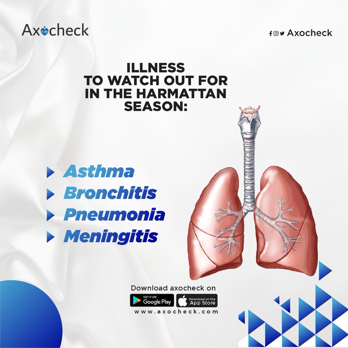 axocheck's tweet photo. Some illnesses have seasonal patterns. The harmattan season puts a great threat to cardiovascular health. Cover yourself up.
To get access to any of our services, download the axocheck app on your preferred store.
#harmattan
#cardiovascular
#axocheck
#axocheckapp
#Axocheck https://t.co/DnxMHcgew5