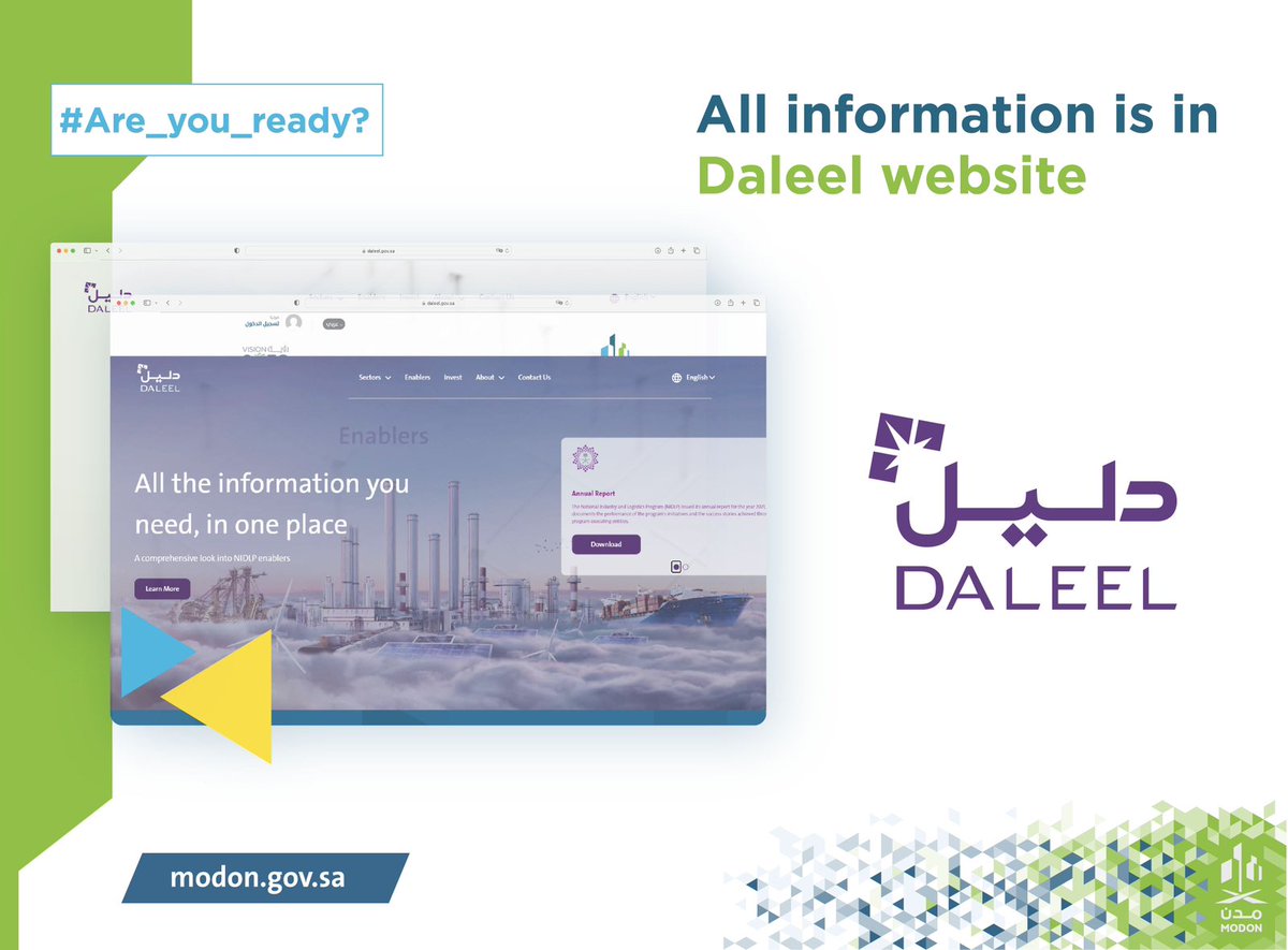 modon_care's tweet image. Daleel, your guide to Industrial and Logistics Sector.
A comprehensive website for all National Industry development program Logistic services. 
All information you need in one place.
daleel.gov.sa/Enablers
#NIDLP
#Are_You_Ready ?