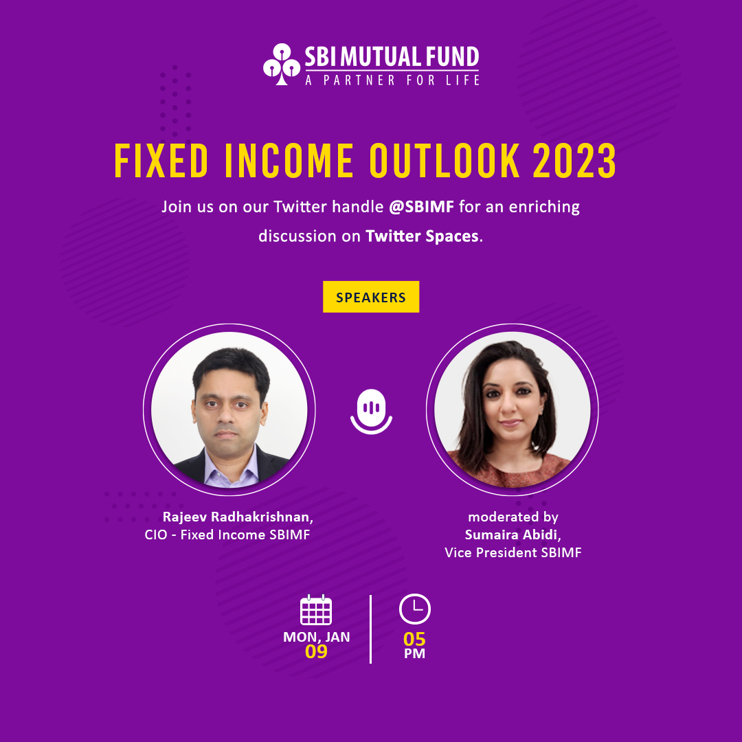 SBIMF's tweet photo. The countdown has begun! Join us alongside @Rajeevrsbimf, for today's #TwitterSpacesSession moderated by @SumairaAbidi, as they discuss the 2023 Outlook on Fixed Income. Block your calendar for today at 5 PM! Tune in now: https://t.co/9EecNn2EMB
#TwitterSpacesAlert #SBIMutualFund https://t.co/pQhRqarOTu