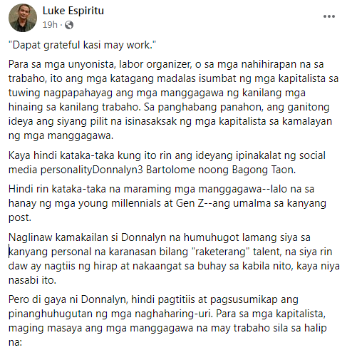 LukeEspirituPH's tweet photo. Binuksan ni Donnalyn ang usapan hinggil sa mga manggagawa, kaya ating himayin ang totoong kalagayan. 

Nasa ating official Facebook page (https://t.co/fWqwS05lCm) ang ating take hinggil dito. https://t.co/EWOQSR7hdW