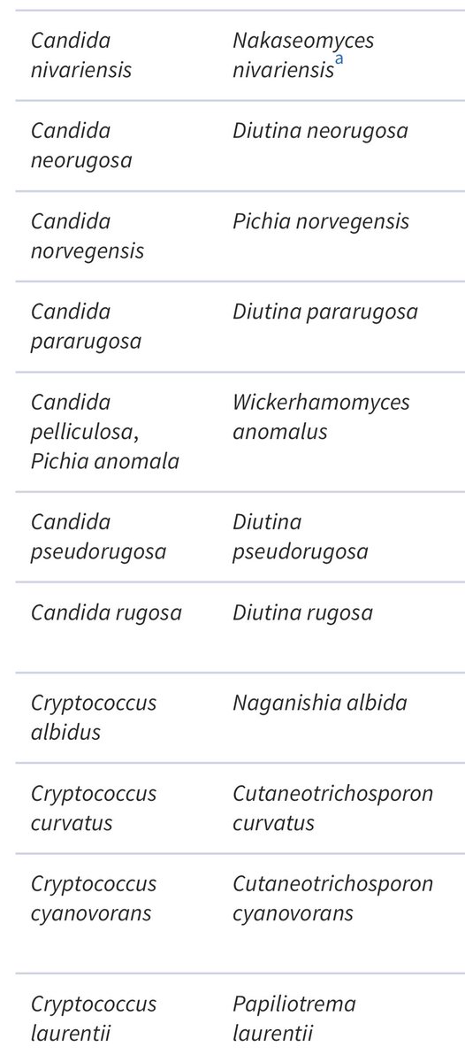 infeccHRUmalaga's tweet image. 🚨🚨Cambio nombre d algunas LEVADURAS🚨🚨Afecta a #Candida (principales 📸1) #Cryptococcus (no neoformans) #Pseudozyma, #Geotrichum, #Pichia y #Trichosporon. Algunos fáciles de reconocer: C. glabrata ➡️ Nakaseomyces glabrata 😊pero otros… C. krusei ➡️ Pichia kudriavzevii 😳🤯