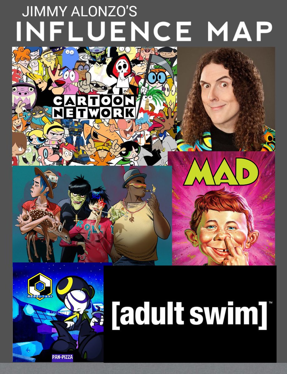 JimmyAlonzo5's tweet photo. My Influence Map I guess...🤣🤣🤣🤣🤣
@cartoonnetwork @alyankovic @gorillaz @MADmagazine @RebelTaxi @adultswim #influencemap #influence #inspiration #animation #madmagazine #gorillaz #cartoonnetwork #weirdalyankovic #adultswim #art https://t.co/1woqLwuqln